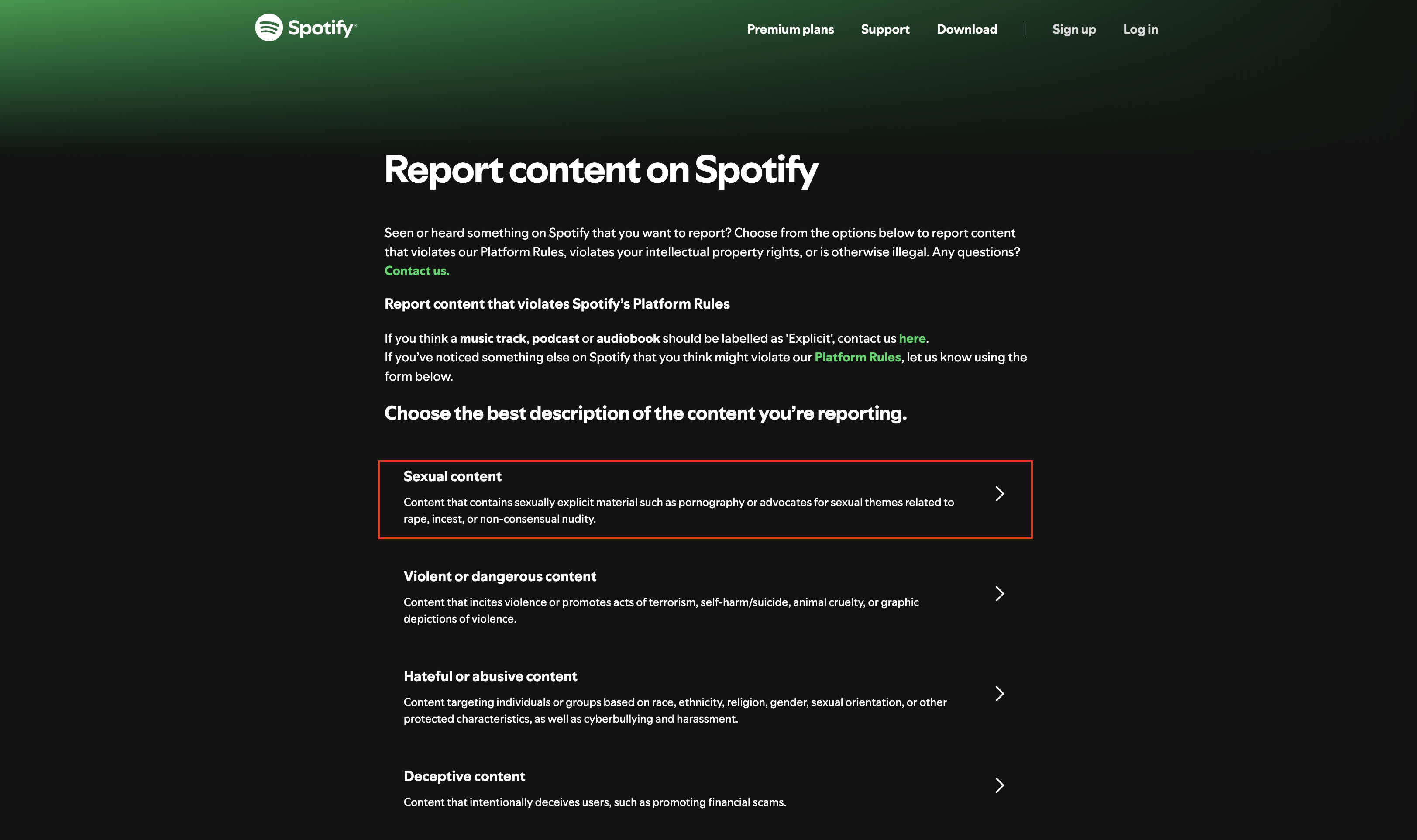 Go to https://support.spotify.com/us/content-policy-reporting/ and select Sexual content