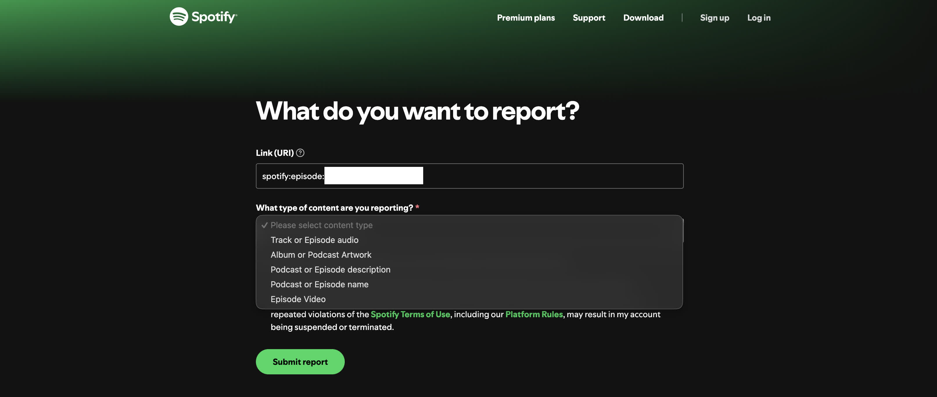 Report options for a podcast episode