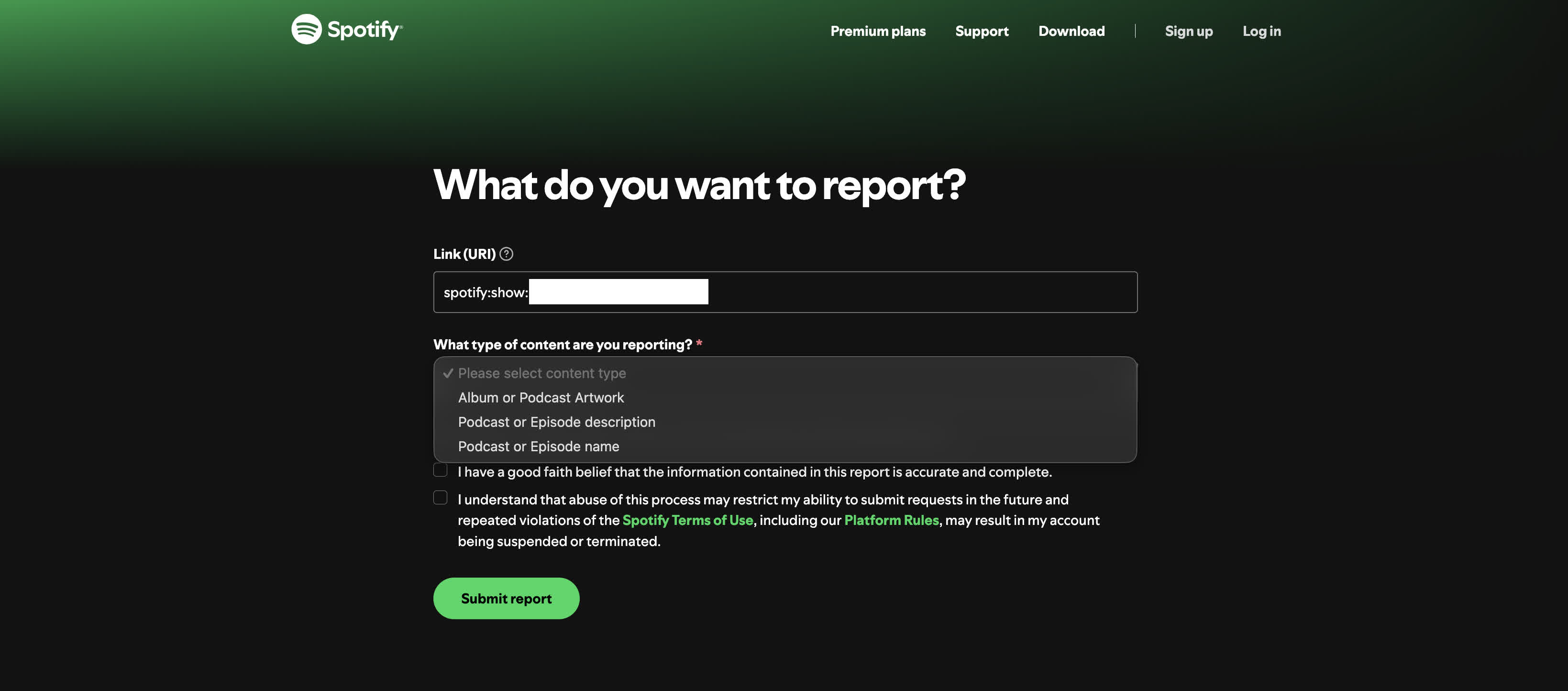 Report options for a podcast show