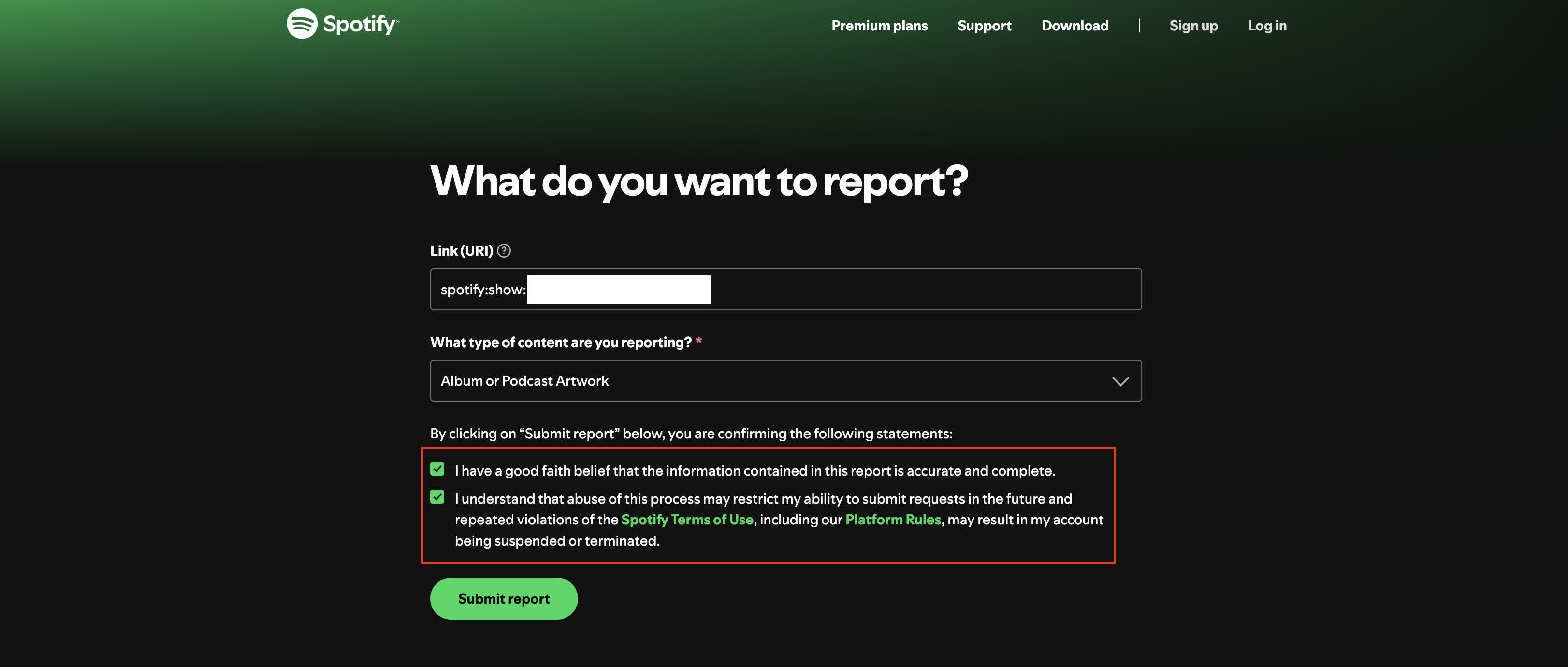 2 checkboxes to accept Spotify's statements on reporting a content